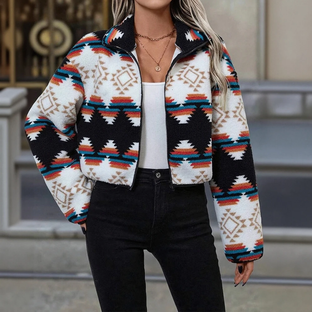 المرأة القطيفة المطبوعة سستة قصيرة أعلى النمط الأوروبي الأمريكي أزياء ملابس خارجية شعبية الملابس العصرية #1