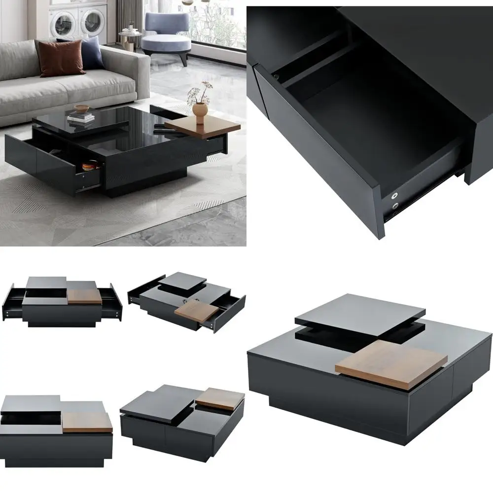 

Merax Movable Coffee Table Square High Gloss Surface, with 4 Hidden Storage Drawers Square Center Furniture for Living Room, Bla