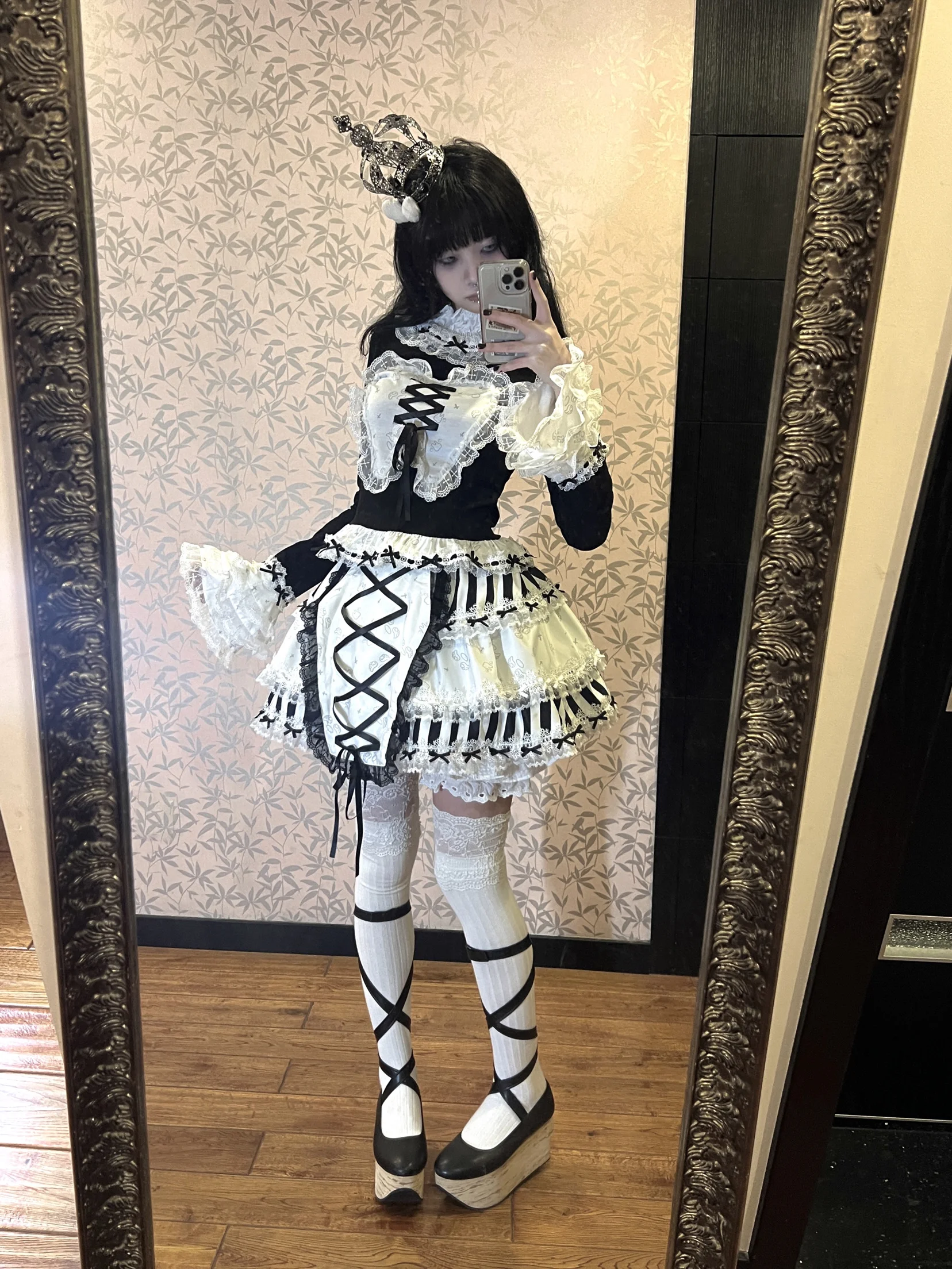 Lace Trim Original Lace-Up Cross Coffin Striped Lace Half Skirt Cute Subculture SK Puff Skirt with Elastic Waist Skirts