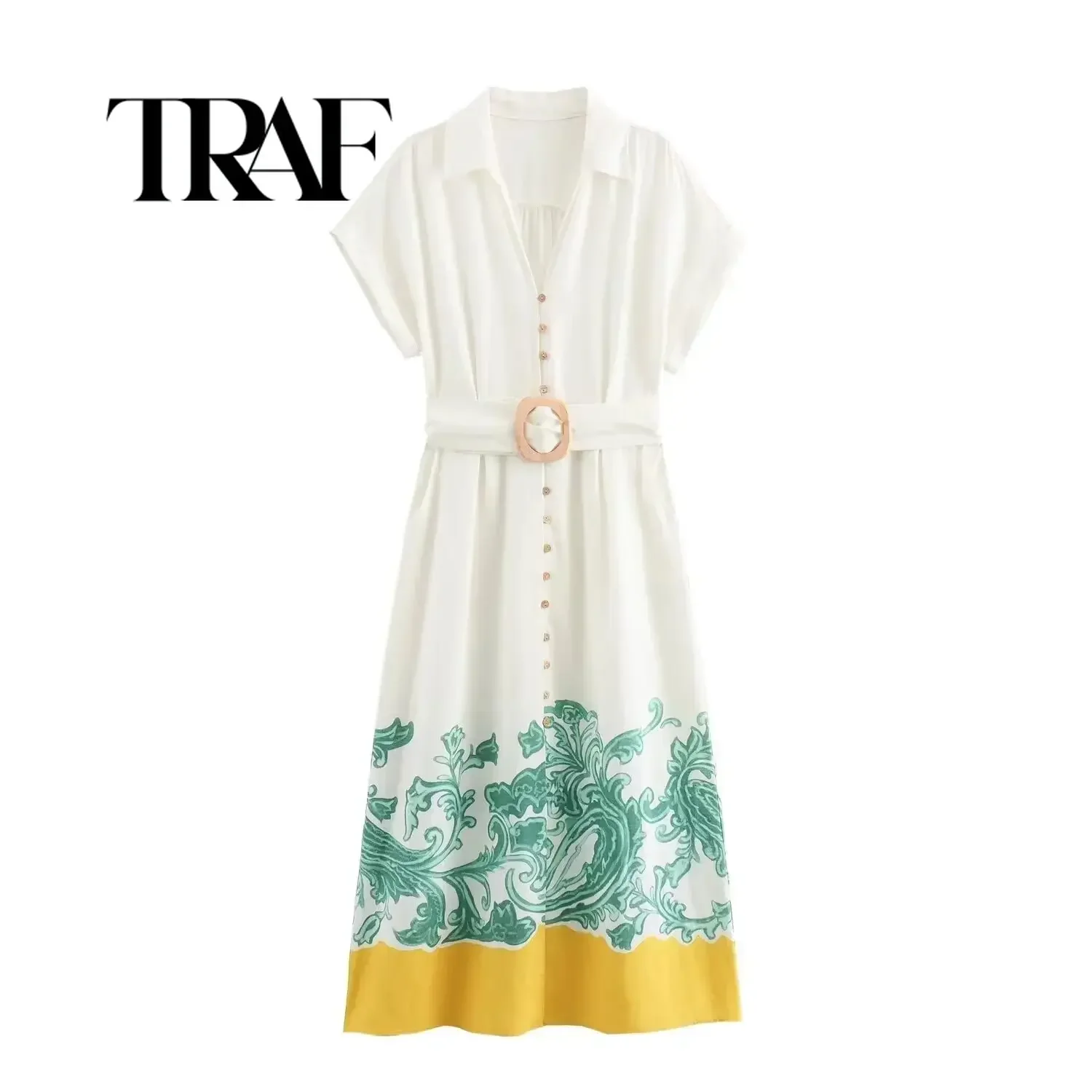 TRAF-Robe Chemise en Lin Mélangée pour Femme, Vêtement à Revers, Simple Boutonnage, Ceinture, Tenue de Soirée, Chic, Française, Nouvelle Collection Été