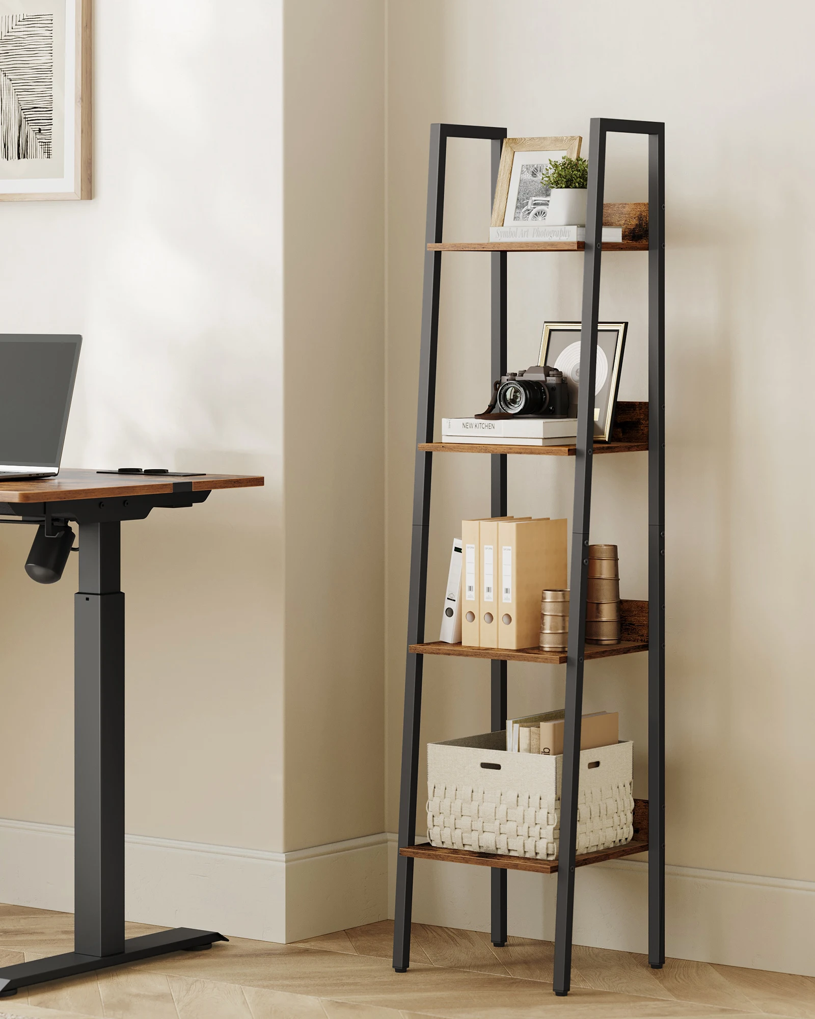 VASAGLE 4-Tier Bookcase, Narrow Ladder Shelf, Storage Rack for Bedroom, Living Room, Home Office, Brown and Black