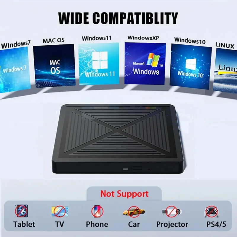 USB 3.0 USB C External CD/DVD RW Drive Read Burner Portable DVD Player Optical Drives For Laptop PC Windows 11 10 Linux MacOS