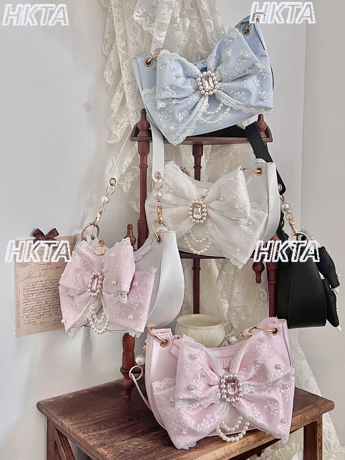 

Japanese Mass Produced Rhinestone Sweet Fashion New Lolita Bag Pleated Pearl Bow Kawaii Cute Messenger Tote Bags Backpacks Women