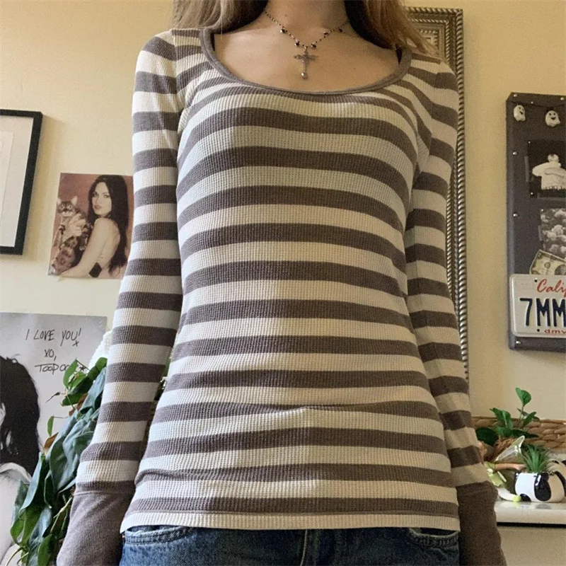 Women Y2k Striped Long Sleeve Shirt Grunge Tops Vintage Aesthetic Gothic U Neck Color Block Tees Fairy Teens Girls Shirts