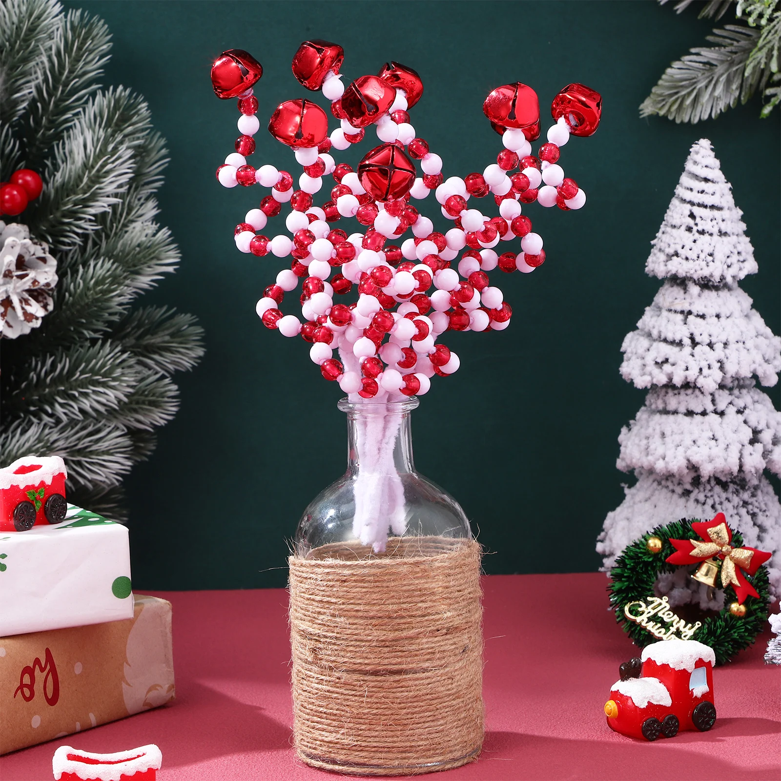 

25Pcs Christmas Tree Sticks Bell Ornaments Red White Decorations Creative Twisted Picks for Tree Vase Party Bell Ornaments