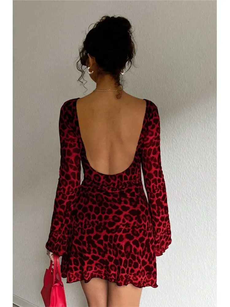 秋のミニドレス女性ヒョウ柄セクシーなシースルーファッションボディコンレディースドレスフレアスリーブ女性ドレス
