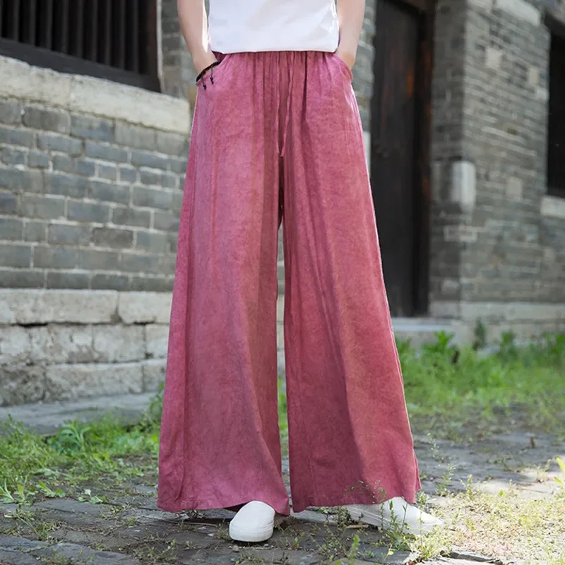 

Plus Size Tie Dye Women Cotton Silk Wide Leg Pants New 2021 Summer Simple Style Vintage Solid Colot Ladies High Waist Trousers