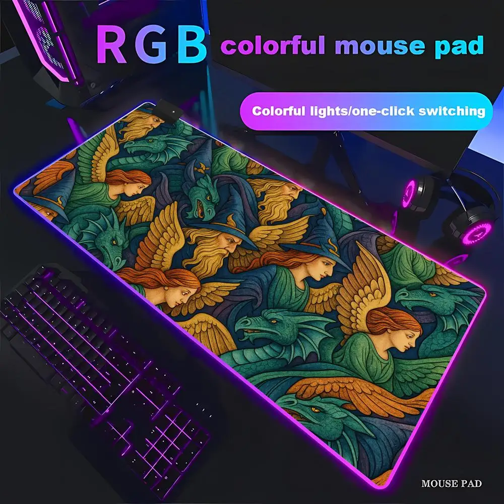 

Коврик для мыши с фэнтезийным узором: волшебник, ангел, дракон, для анимационных игр, RGB, HD, большой, с LED-подсветкой, для геймеров, нескользящий, декоративный