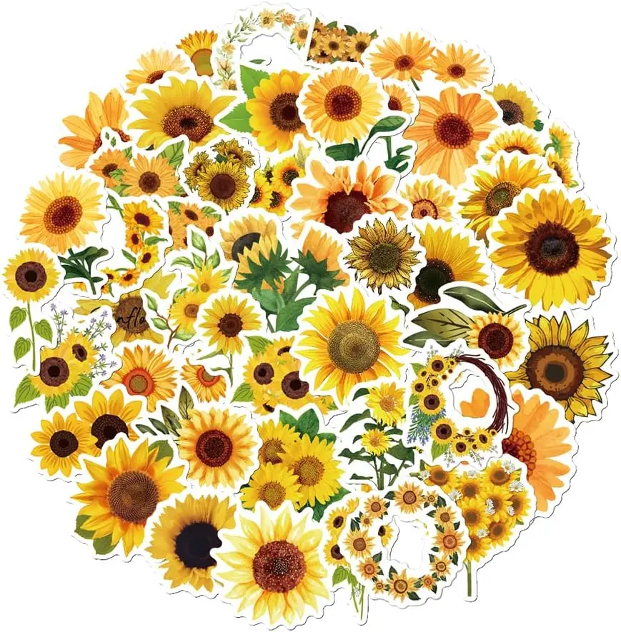 

Sunflower Stickers Pack 50 PCS, Botanical Aesthetic Vinyl Waterproof Die-Cut Golden Yellow Flowers