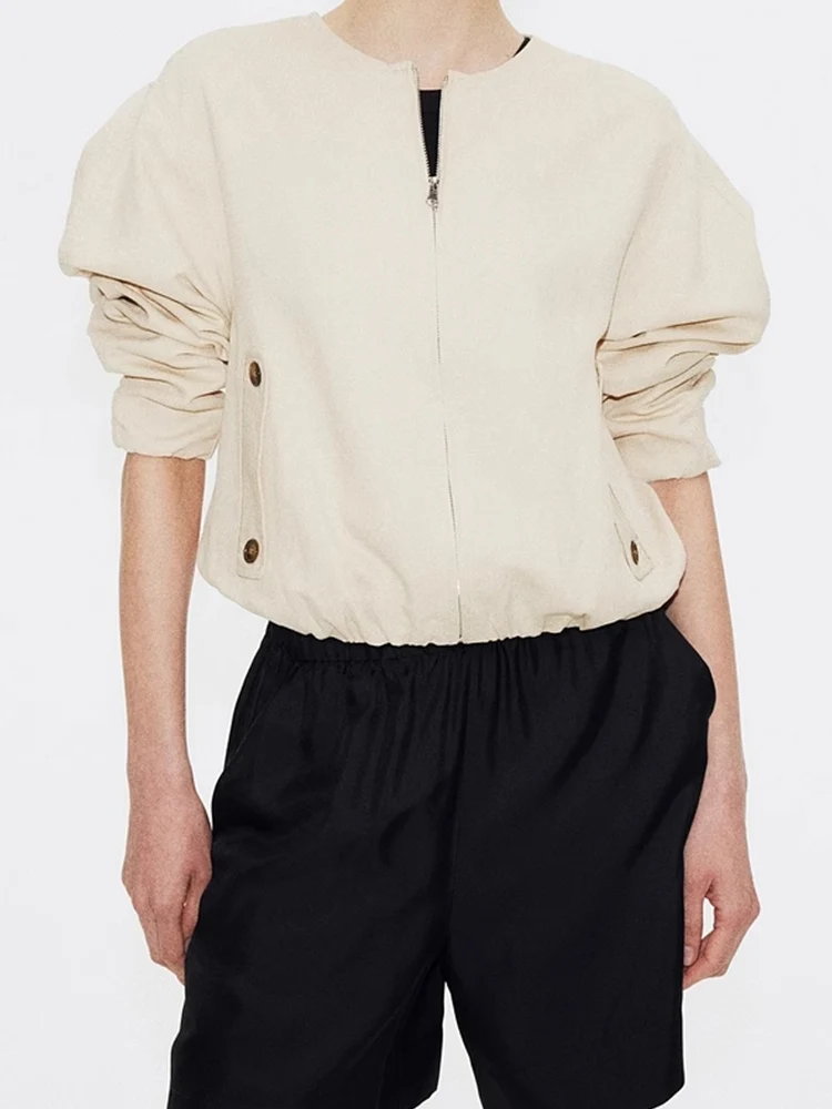 

Spring new women's clothing European and American style fashion trend round neck versatile linen blended pilot jacket