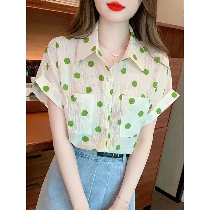 Summer Woman Clothes Green Polka Dot Polo-neck Short Sleeve Shirt Chiffon Simplicity Elegant Fashion Temperament Korean Style