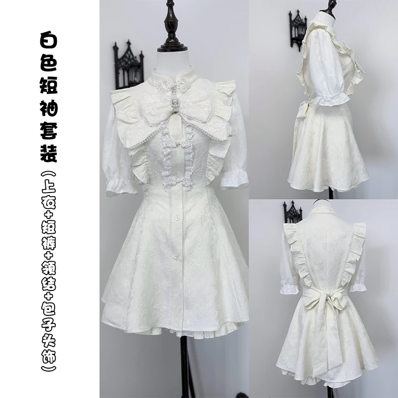 

Y2K Subculture Летнее платье с короткими рукавами Sweet Lady в китайском стиле с кружевным бантом Черно-белое тонкое платье и шорты Комплект из двух предметов