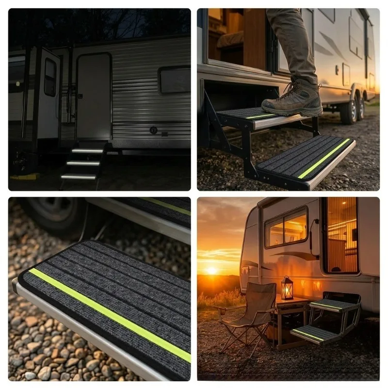 RV Step Mat with Reflective Strip Non‑Slip RV Entry Step Cover Wear Resistant RV Stair Pedal Pad for Camper Trailer Motorhome