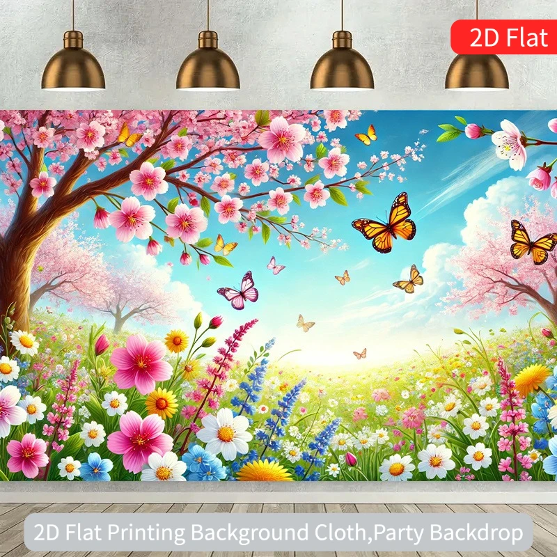 لافتة خلفية مسطحة 2D قطعة واحدة من عشب الربيع الحيوي والفراشة من البوليستر، مناسبة لكل من الحفلات المنزلية والخارجية