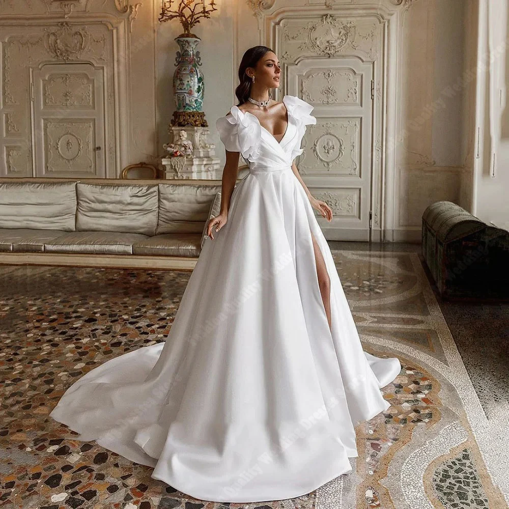 Modest Quality Satin Wedding Dresses Off The Shoulder Formal Flowre  Bridal Gowns New Long Mopping Length Lady Vestidos De Novia