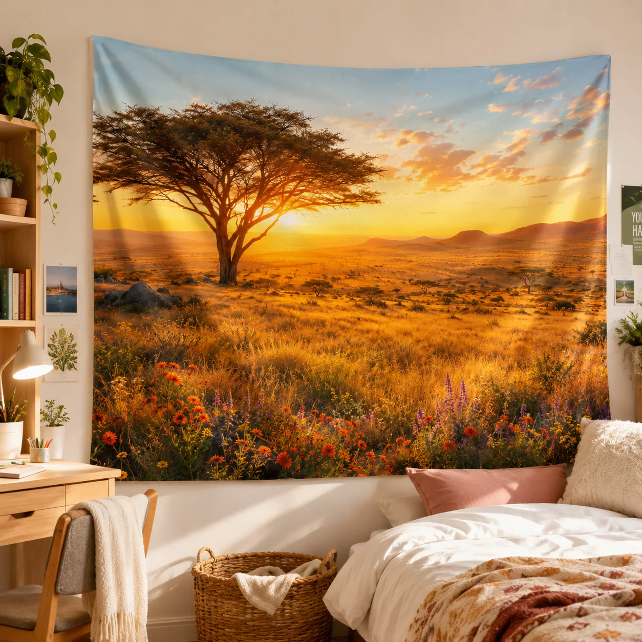African Savanna Sunset Tapestry Acacia Tree Landscape Wall Hanging Nature Wall Decor for Bedroom Living Room Dorm