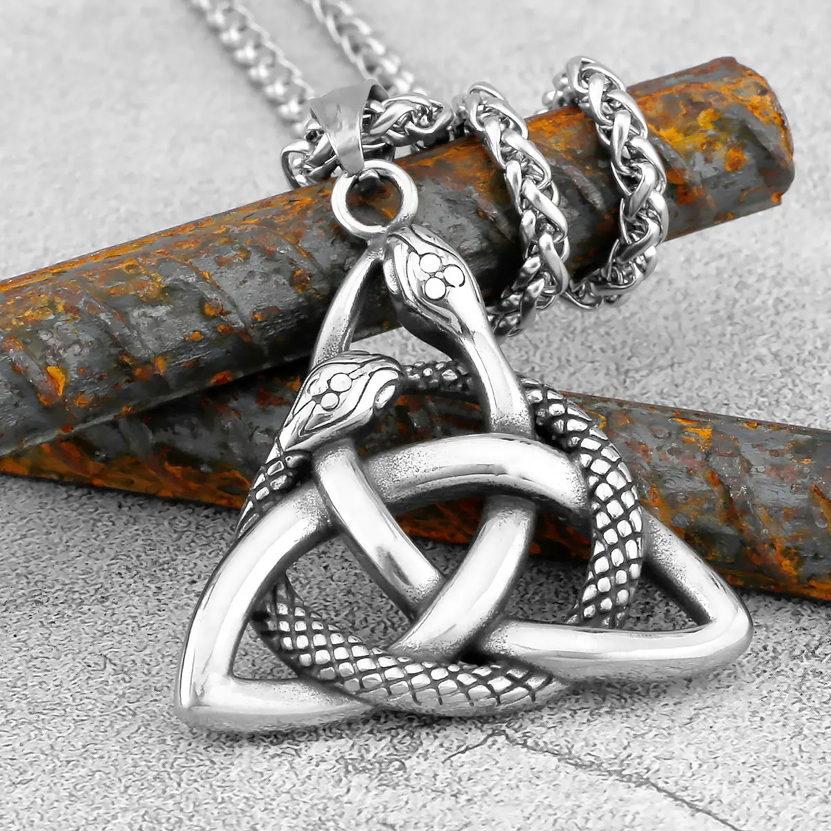 Nordic Viking Vintage Street Tail Snake Necklace Nordic Men's Stainless Steel Triangle Double Snake Odin Pendant Hip Hop Jewelry