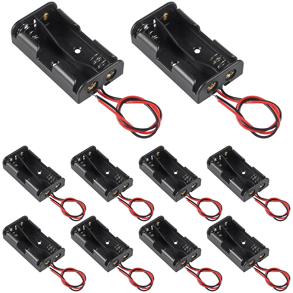 10Pcs  2 x 1.5V AA Battery Holder Case Box Black Wire Leads AA Power Battery Storage Case Holder Storage Box