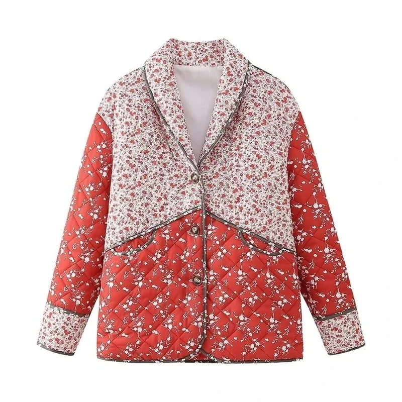 Chic Printed Color Spliced Short Coats Women's Casual Single Breasted Cotton Pocket Coat 2026 Spring Autumn Lady Daily Outwears