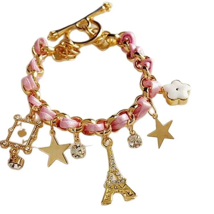 NEW Fashion Rope Chain Decoration Bracelet For Girl multicolor Eiffel Tower star poker Pendant Bangle Wholesale #18040