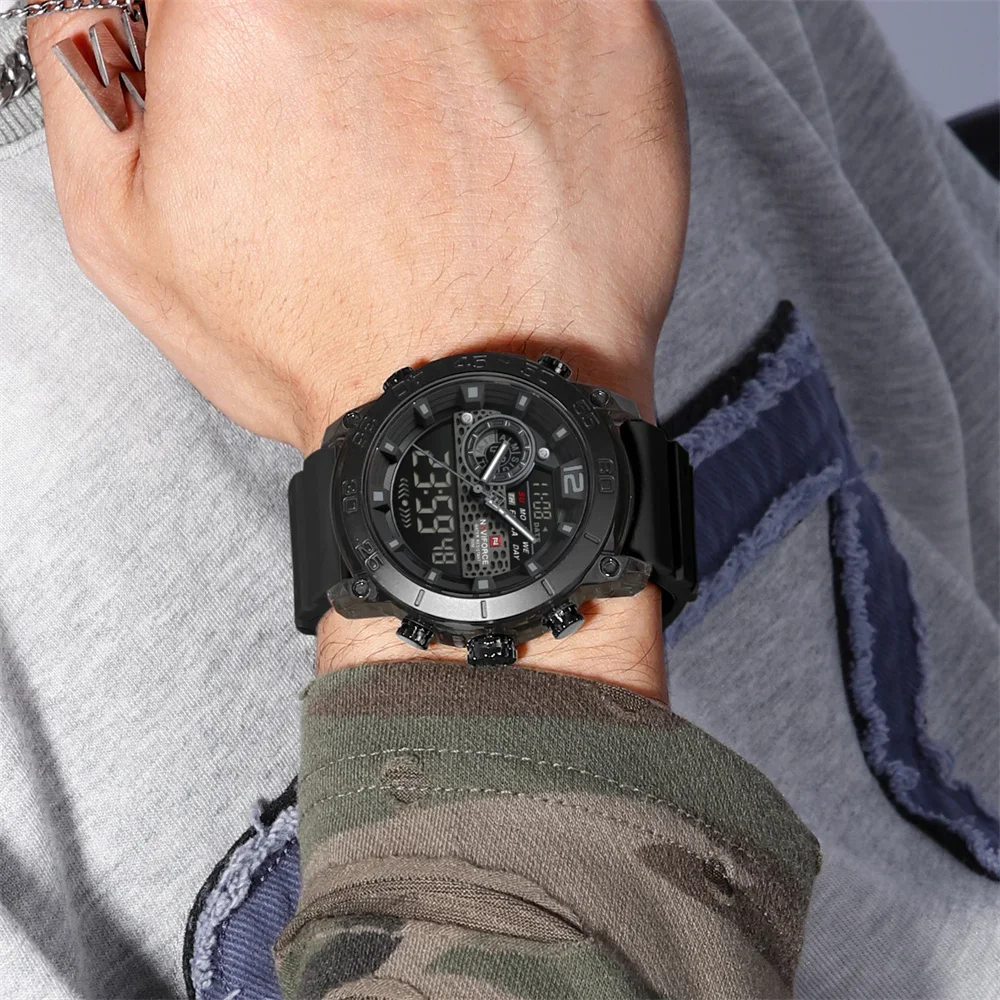 NAVIFORCE NF6104 Jam Tangan Pria Quartz Mewah Digital Jam Pria Militer Kronograf Olahraga Asli Tali Karet