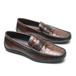 Men's Classic European Natural Genuine Leather Penny Loafers Handmade Crocodile Print Slip-On Comfortable Casual Shoes for Man