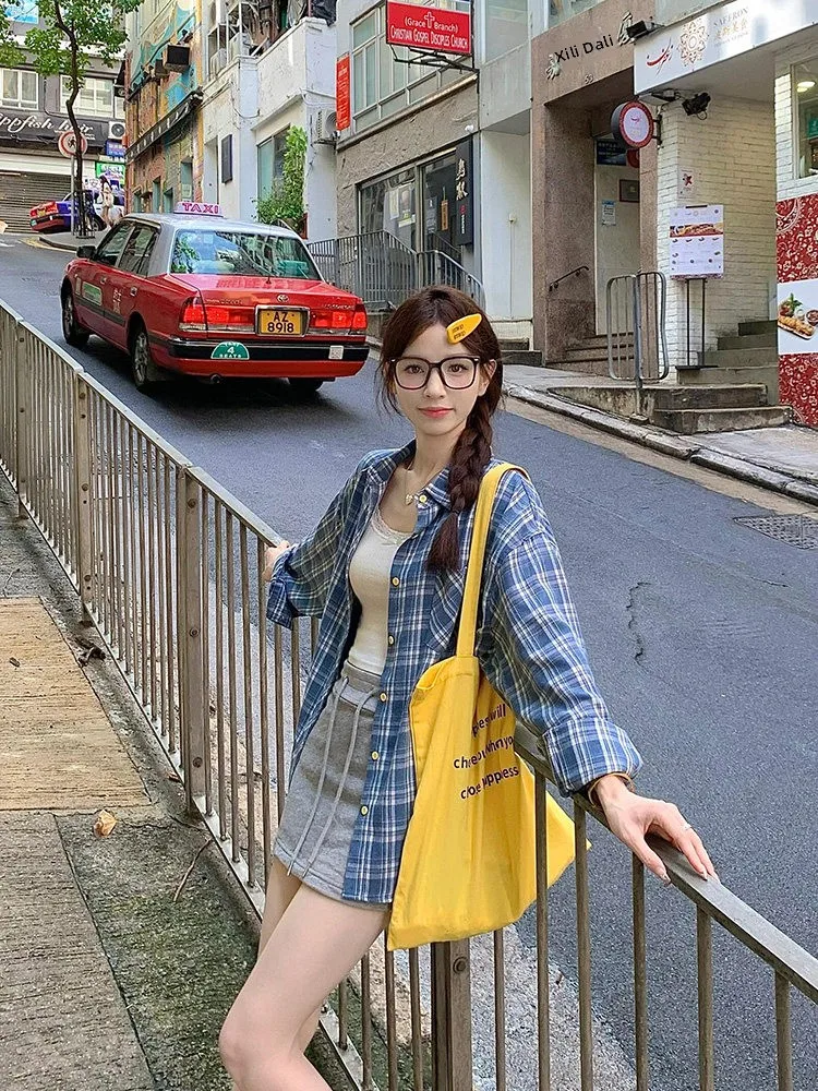 

Retro American Blue Plaid Shirt Loose Long Sleeve Unisex Premium Style Couple Outerwear Women's Fashion Commute Style