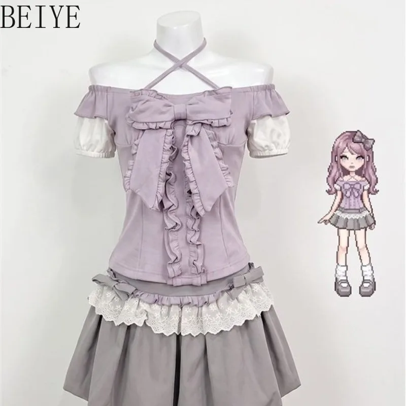 Japanese Sweet Purple Top and Short Skirt Two-piece Set Women Summer New Fashion Lolita Outfits Female Gothic 2 Piece Suit