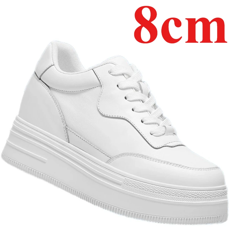 European/American Casual Heightening Board Shoes Women's 8cm Genuine Leather Comfortable Lightweight White Elevator Shoes Female