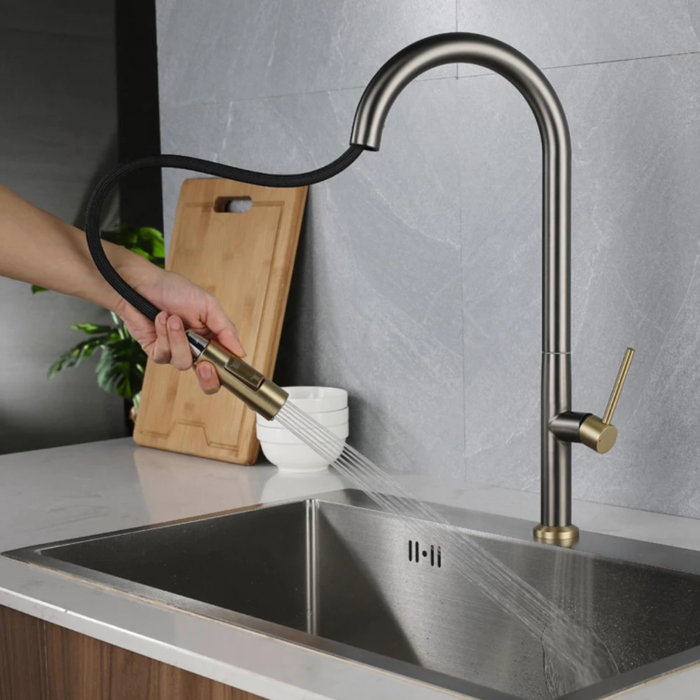 Kitchen Sink Faucet Stainless Steel Material Mixer Water Cold & Hot 80cm Hose Pull Down 360 Rotation 2 Modes Water Out