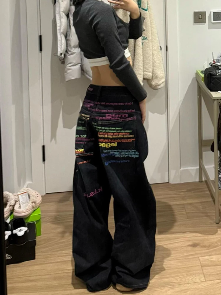 Colorful letter printed jeans women in autumn and winter new American style street loose design sense loose long pants