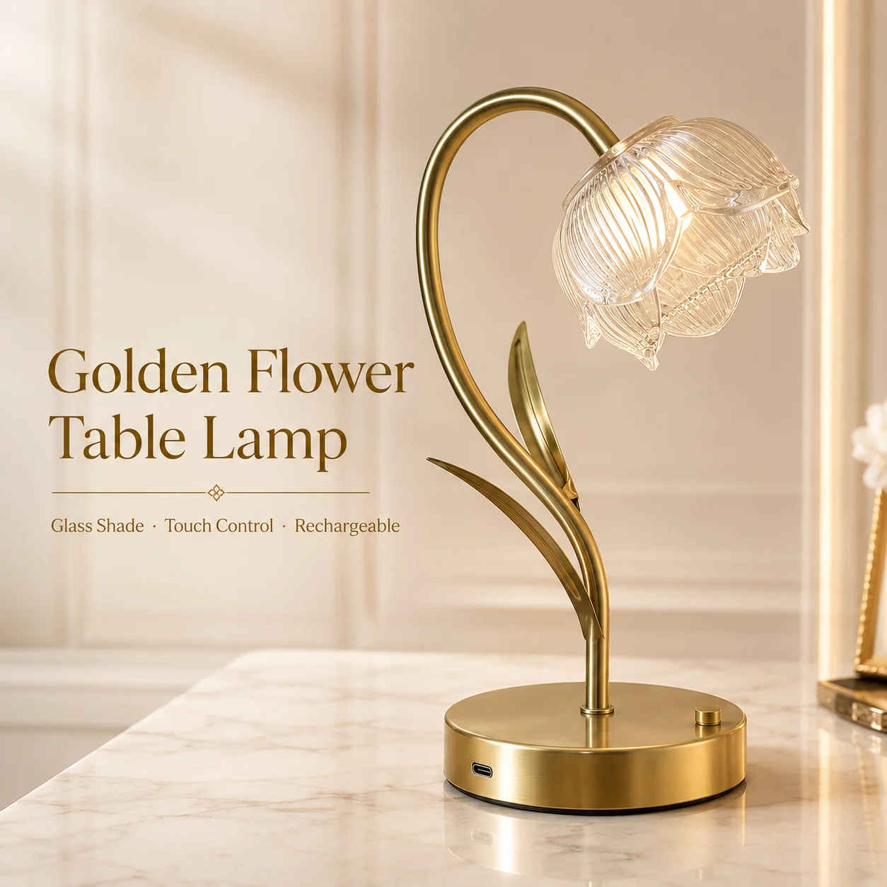 Brass Gold Flower Table Lamp Adjustable Leaves Ribbed Glass 3 Light Colors Stepless Dimming for Living Room Bedroom Decor
