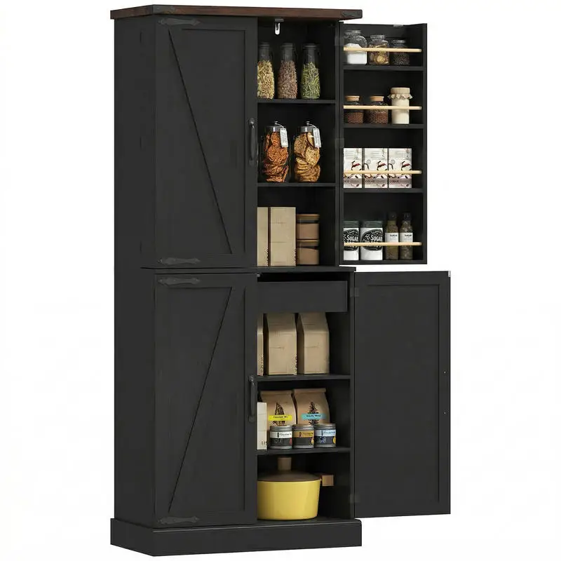 

72" Tall Kitchen Pantry Cabinet, Farmhouse Storage Cabinet with 8 Door Racks and Adjustable Shelves, Black
