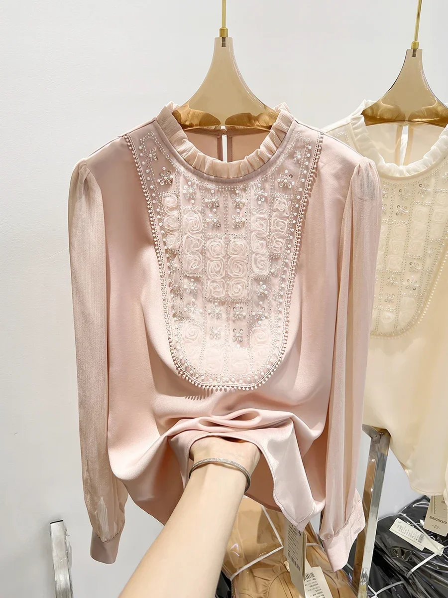Korean Style Pure Color Stand Collar Ruffled Chiffon Shirt 2023 Autumn New Sequin Bead Lacework Pullover Puff Long Sleeve Blouse