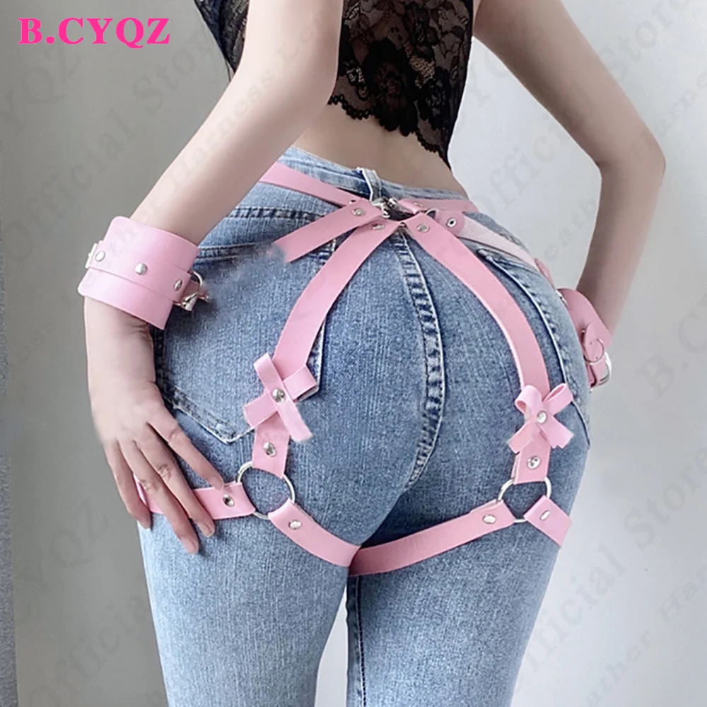 Sexy Women Lingerie Harness Pink PU Leather Thigh Garter Belt Bdsm Body Bondage Couple Party Rave Sword Belt Gothic Rave Clothes