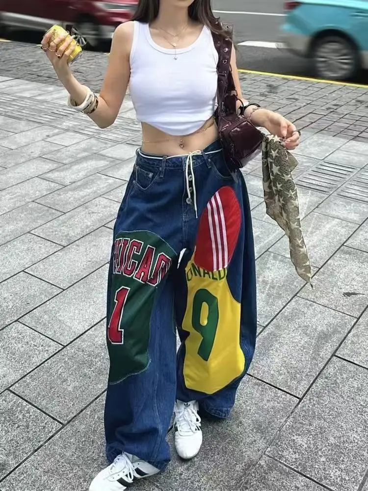 

American Print High Street Retro Design Wide Leg Jeans Spice Girl Loose Trousers Baggy Jeans Women