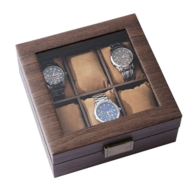 Wood Grain PU Leather Square 6-Bit Watch Storage Collection Display Box High-End Watch Jewelry Storage Box Men Jewellery Box
