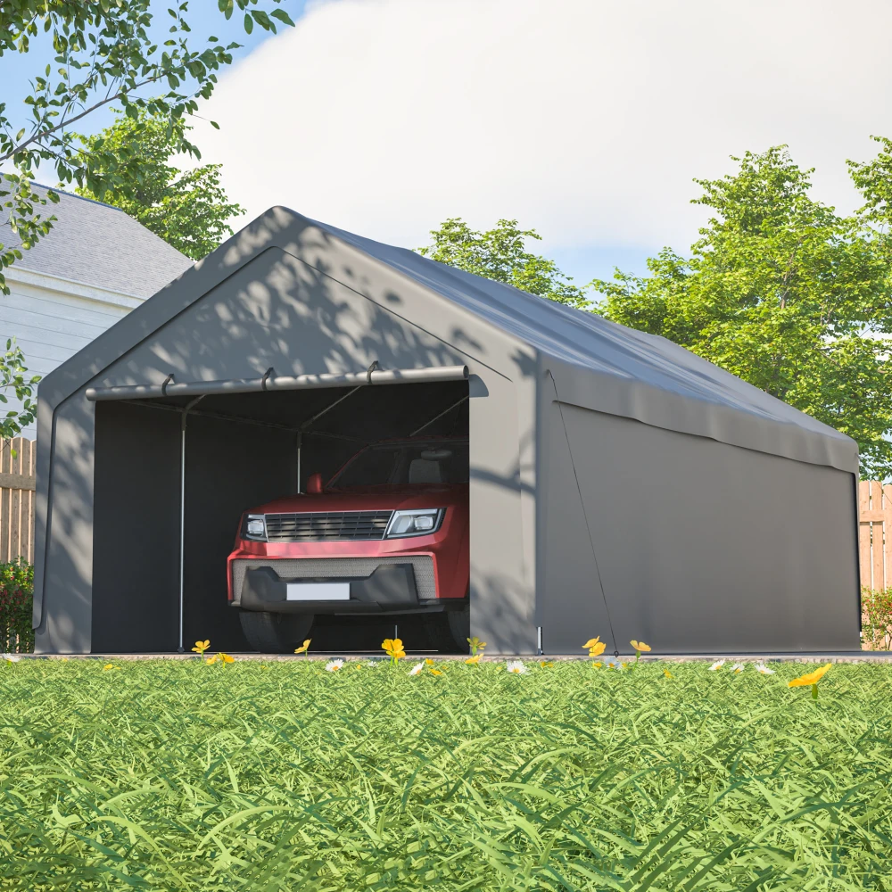 13×25ft Grauer Outdoor-Carport, Robuster Verzinkter Stahlrahmen, Wasserdichte UV-Beständige Plane, Auto-Garagenzelt mit Aufrollfenster, Abnehmbare Seitenwände, Stabile 8 Beine für Auto, LKW, Boot,