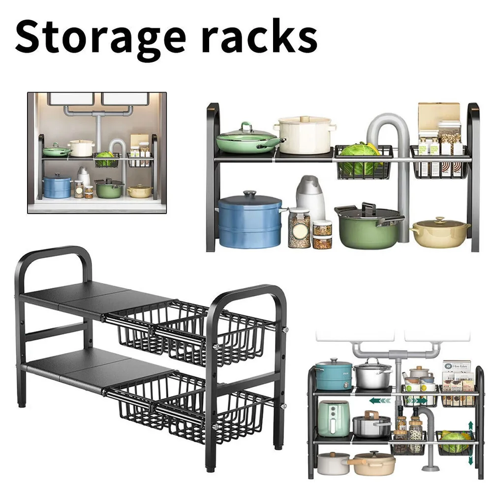 2 Tier Extendable Multi Purpose Kitchen Under Sink Organiser Storage Rack Shelf