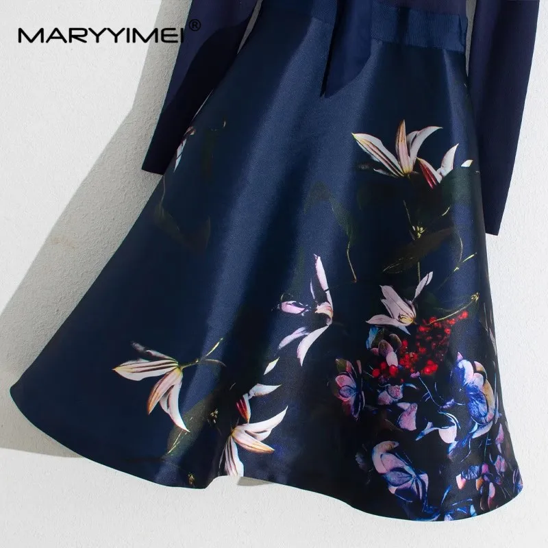 MARYYIMEI Fashion Designer Autumn Women\'s dress Long sleeved Knitting Patchwork Floral-Print Slim Elegant Dresses