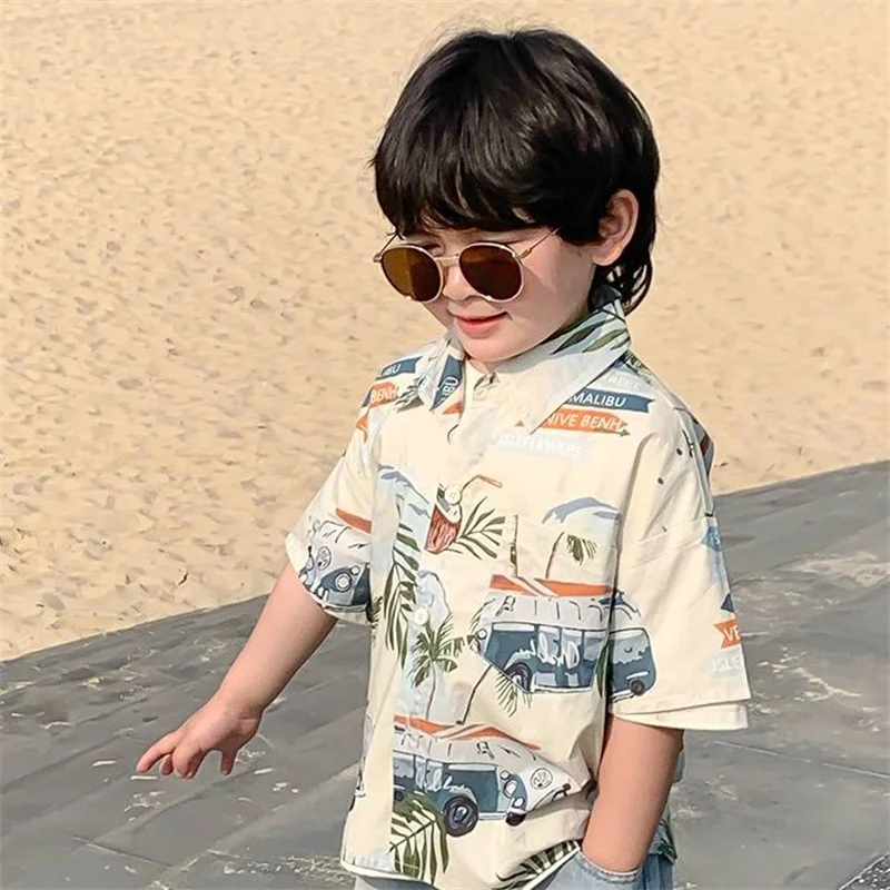 Seaside Holiday Summer Kids Boys Shirt Beach Style Short-sleeved Girls Shirts Outerwear Casual Children Blouse 4 6 8 10 Years