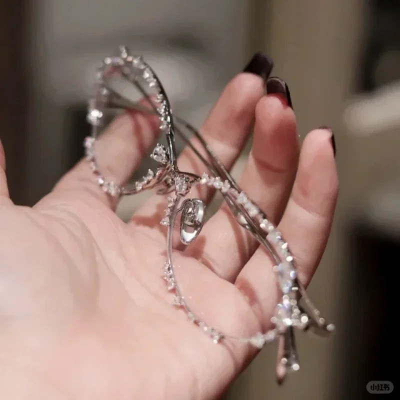 

New Personalized Sweet gemstones eyeglasses frame Diamond Small Frame Elliptical Optics Glasses Anti Blue Light sunglasses uv400