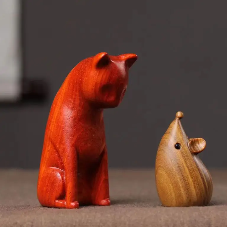 Padauk Carved Cat Green Sandalwood Mouse Figurine Chinese Zodiac Craft Toy Study Decor Creative Gift Desktop CollectibleOrnament