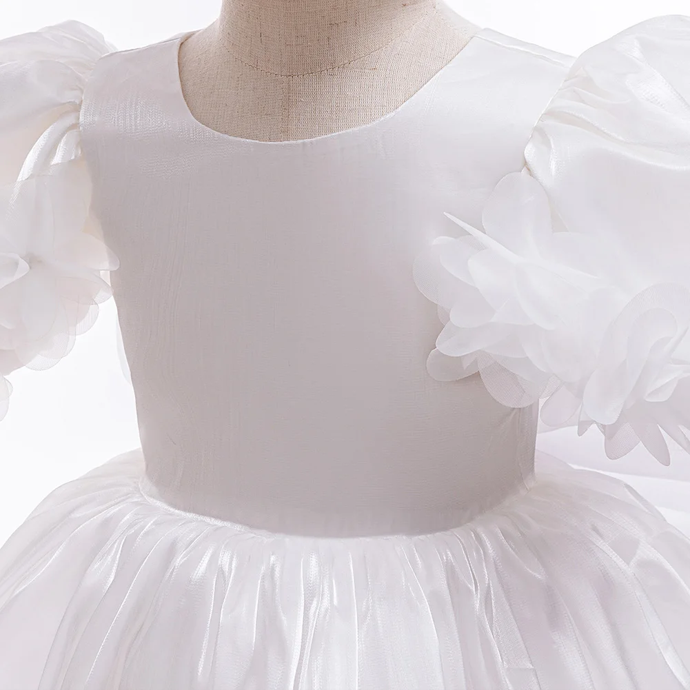 فستان الأميرة لعيد الميلاد الأول للفتيات الصغيرات، فستان أبيض كبير بفيونكة مع عصابة رأس على شكل زهرة للأطفال لحفلات الزفاف وحفلات المعمودية