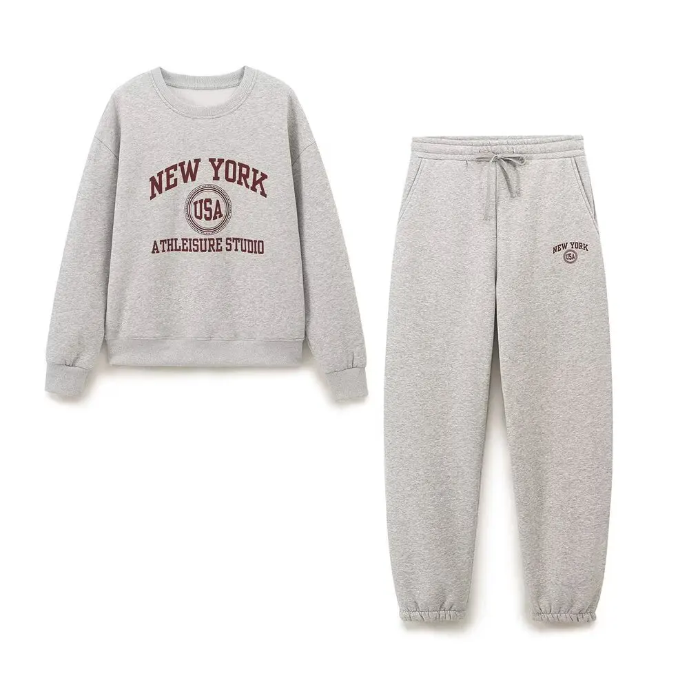 Maxdutti American College Style New York Letter Printed Round Neck Pullover And Harem Hoodie Pants Casual Set Women