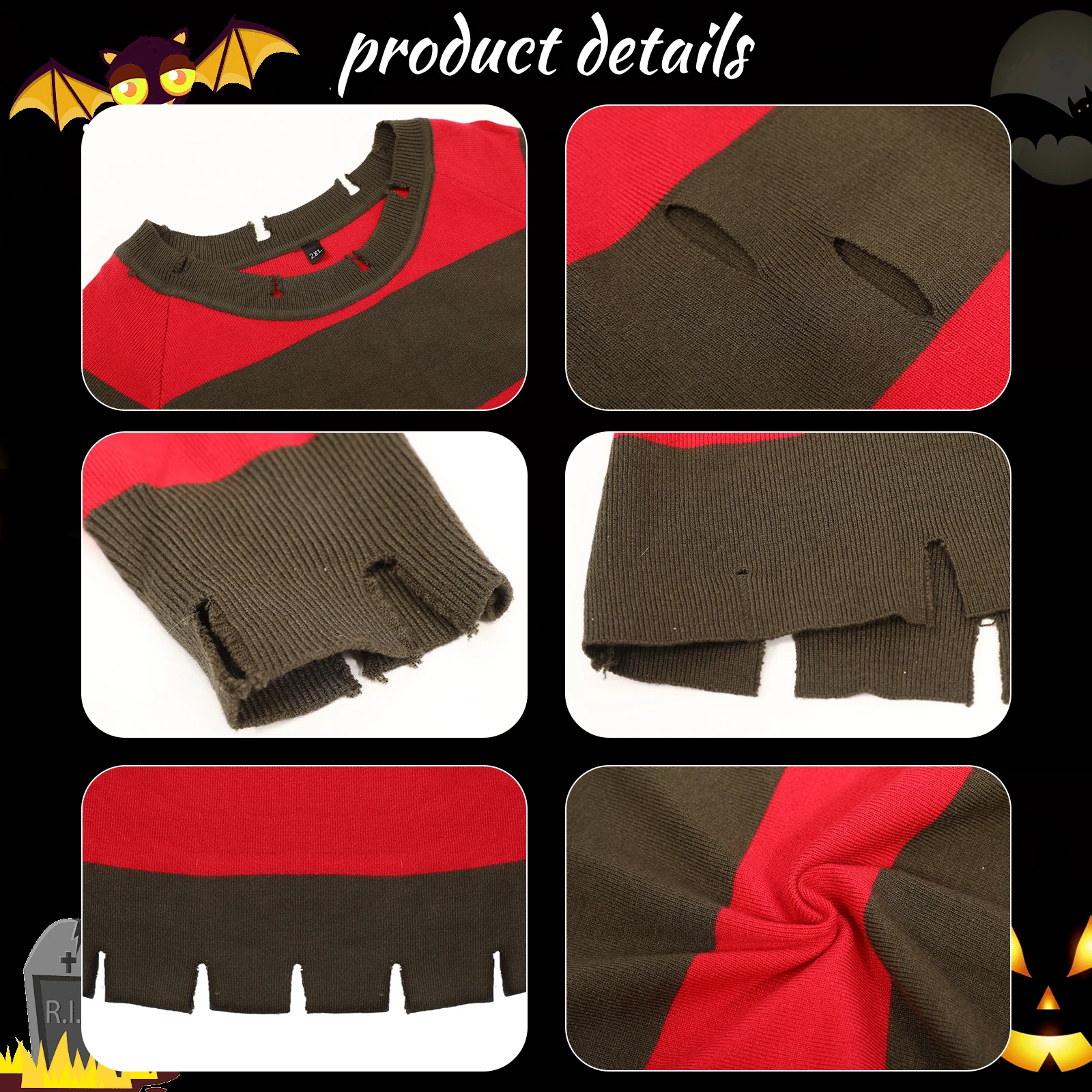 4Pcs Freddy Krueger Costume Women Halloween Nightmare Killer Knitted Dress Hat Gloves Scar Stickers Carnival Costume - Image 5