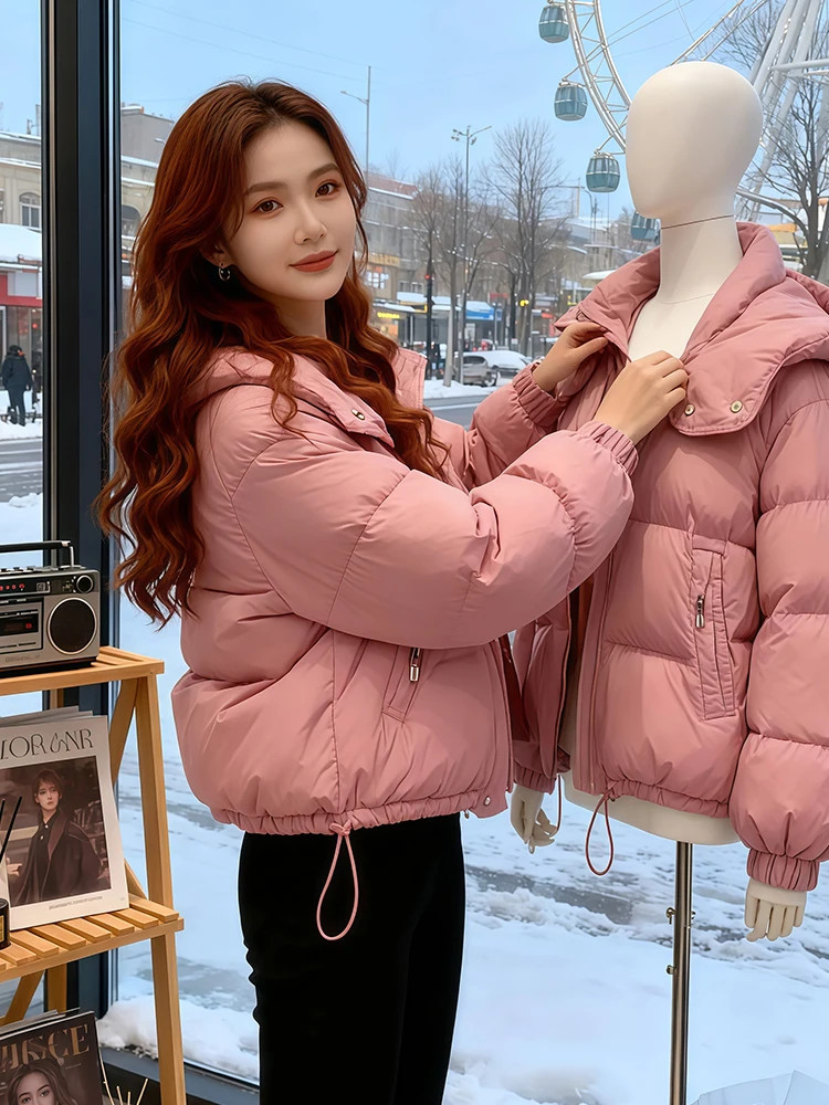 

Женская утепленная хлопковая куртка-пуховик с капюшоном и воротником-стойкой, новый дизайн, корейский стиль, свободный крой, на молнии