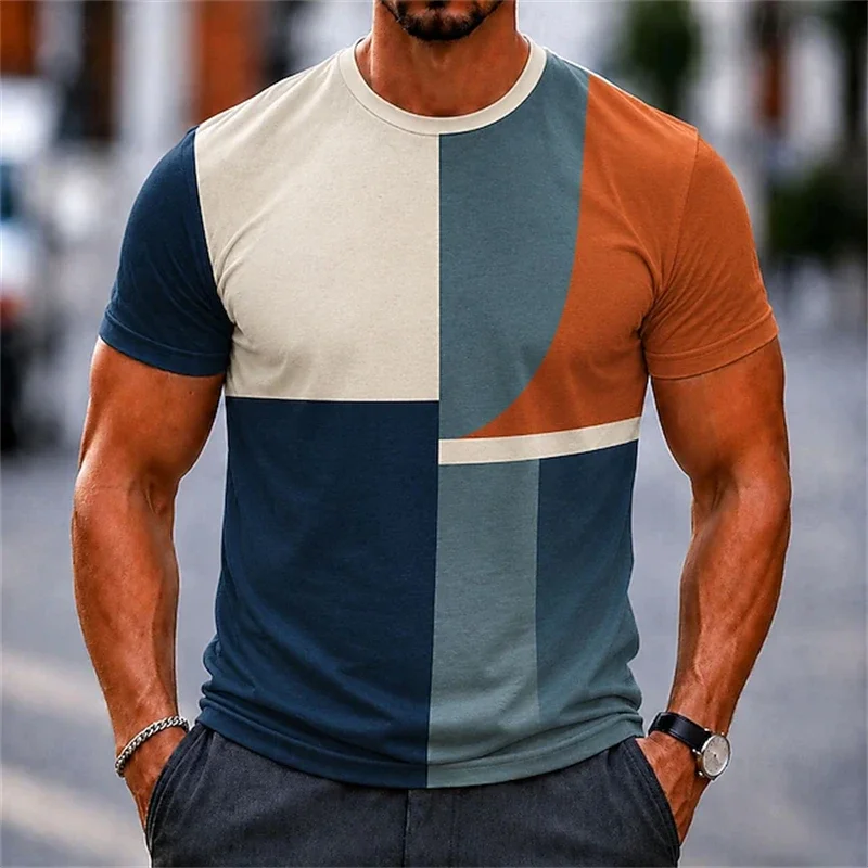 Fashion Men's Geometric Patchwork T Shirt Multi Color Stripe Slim Fit Summer Street Top Trendy Casual Short Sleeve Tees