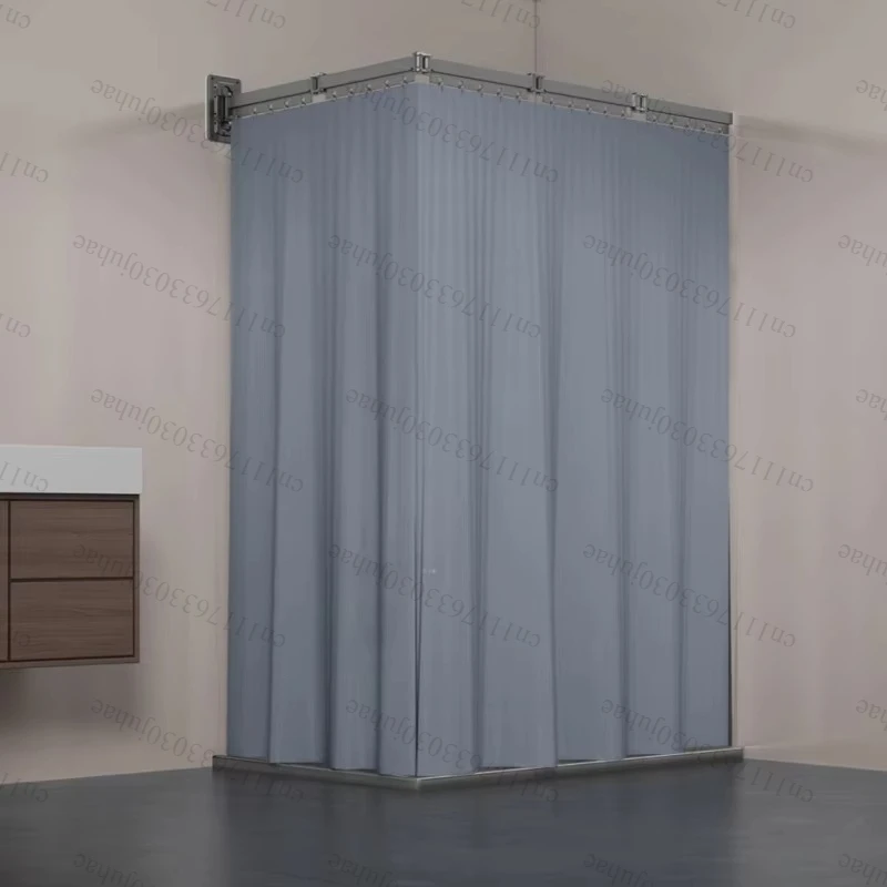 Folding Rod Shower Curtain Set Invisible Shower Partition Bathroom Waterproof Polyester Retractable Dry-wet Separation