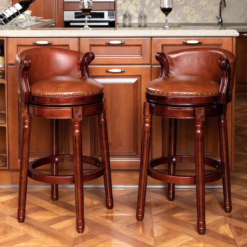 

European-style Solid Wood Living Room Bar Chair Home Furniture Backrest High-foot Bar Stool Hotel Rotating Leather Bar Chairs